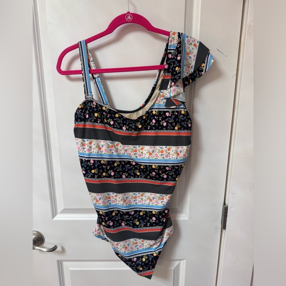 Eloquii One Shoulder Ruffle Patchwork Floral Swim… - image 1